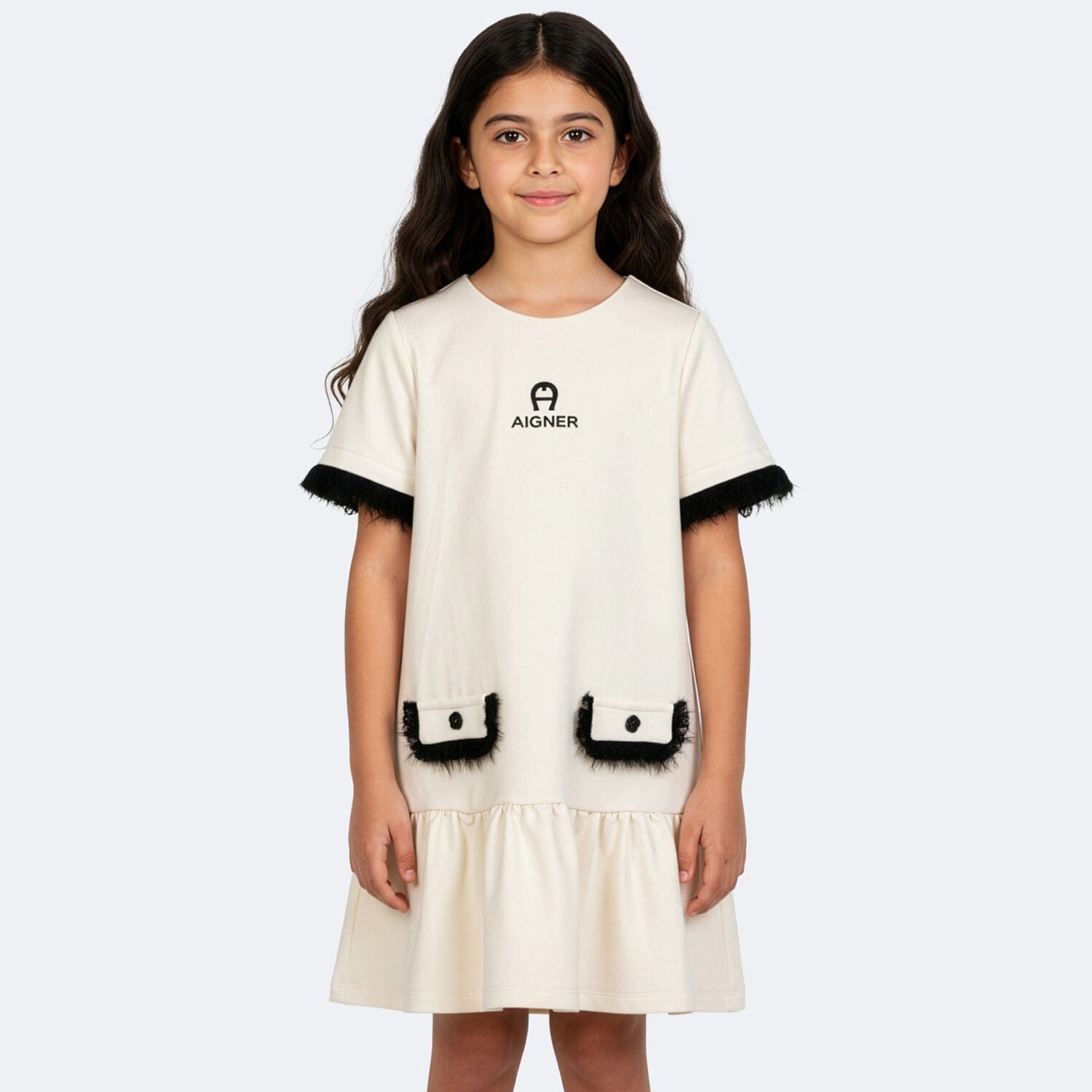 Girls Ivory & Black Logo Dress, 1, hi-res