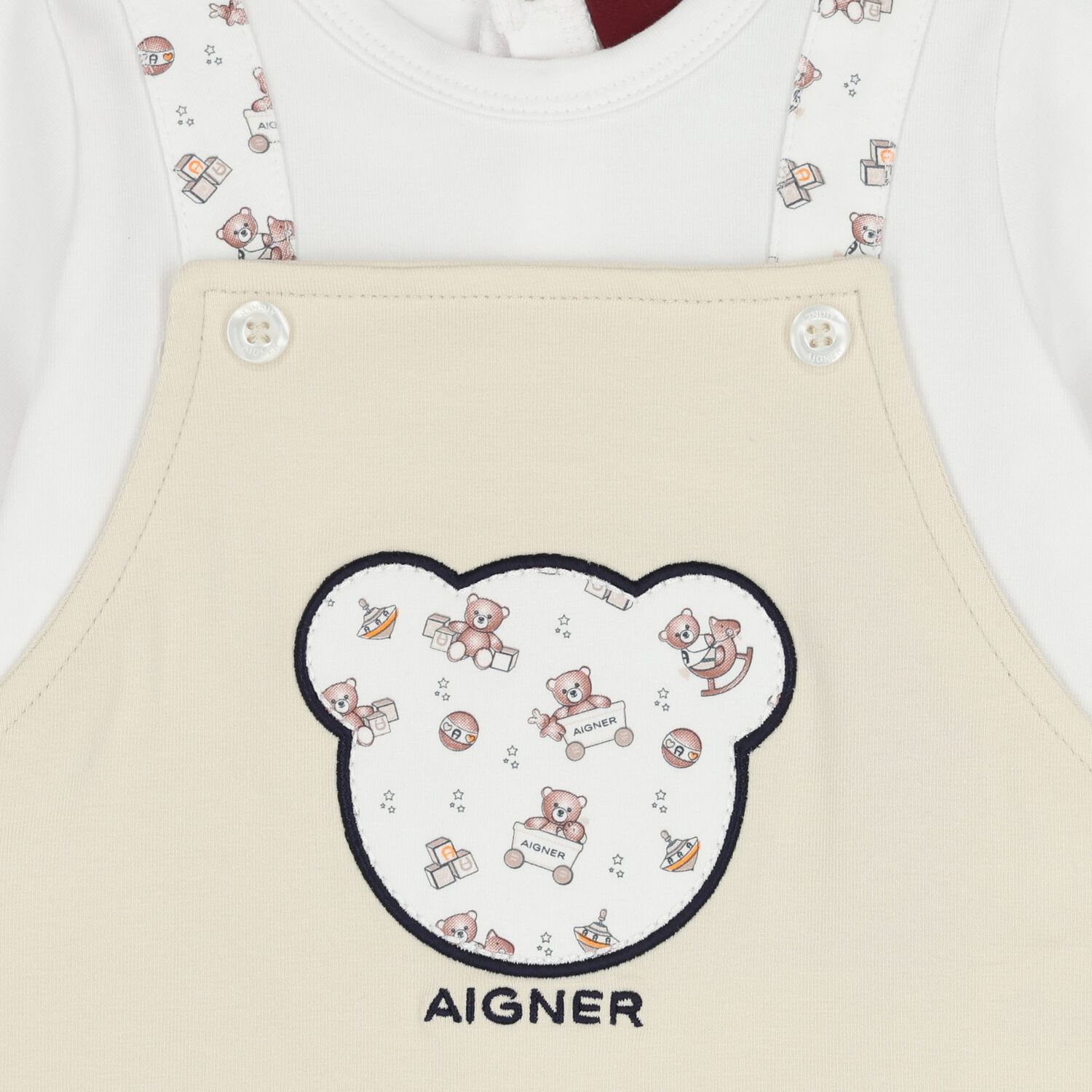 Baby Boys White & Beige Teddy Bear Romper, 1, hi-res