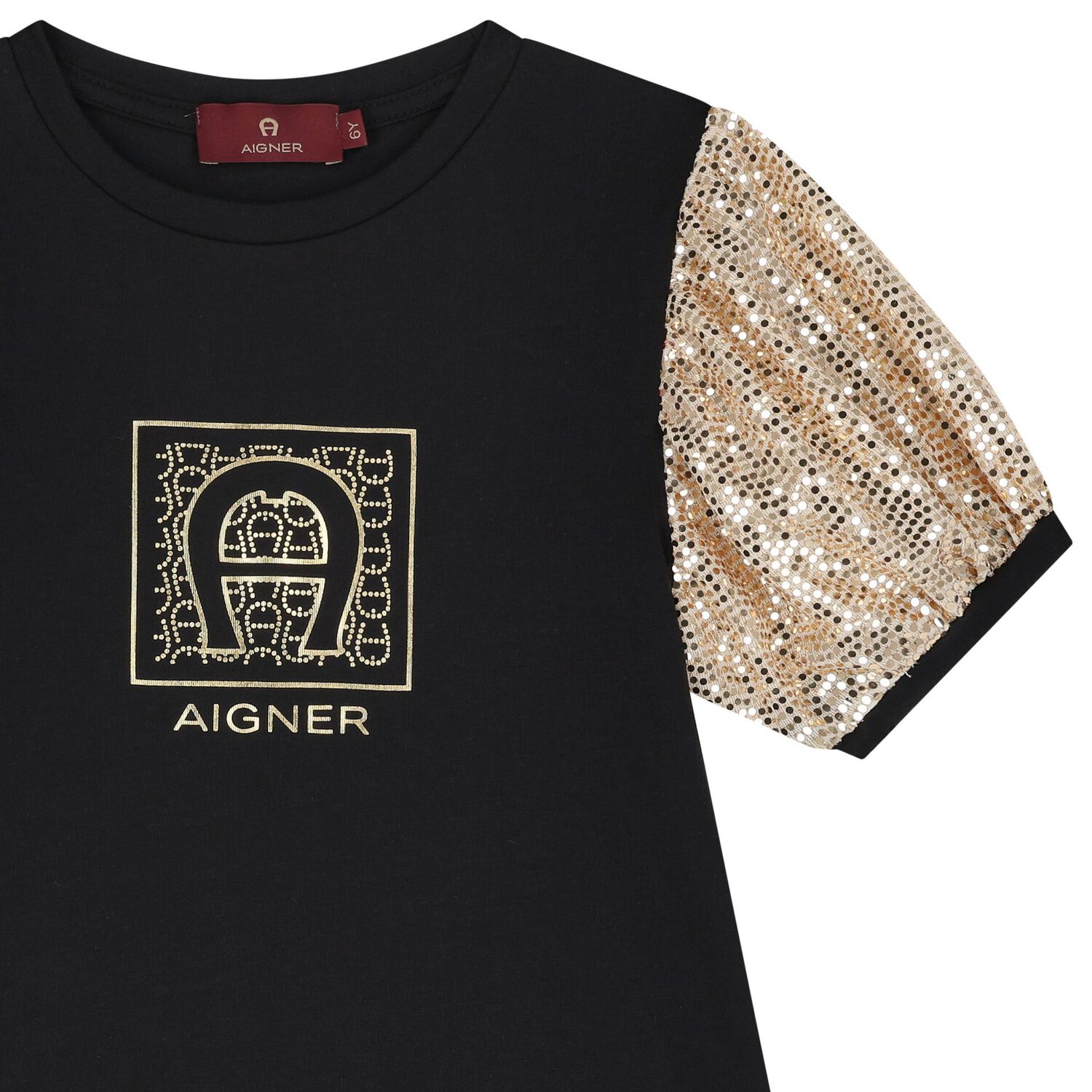 Girls Black & Gold Logo Dress, 1, hi-res