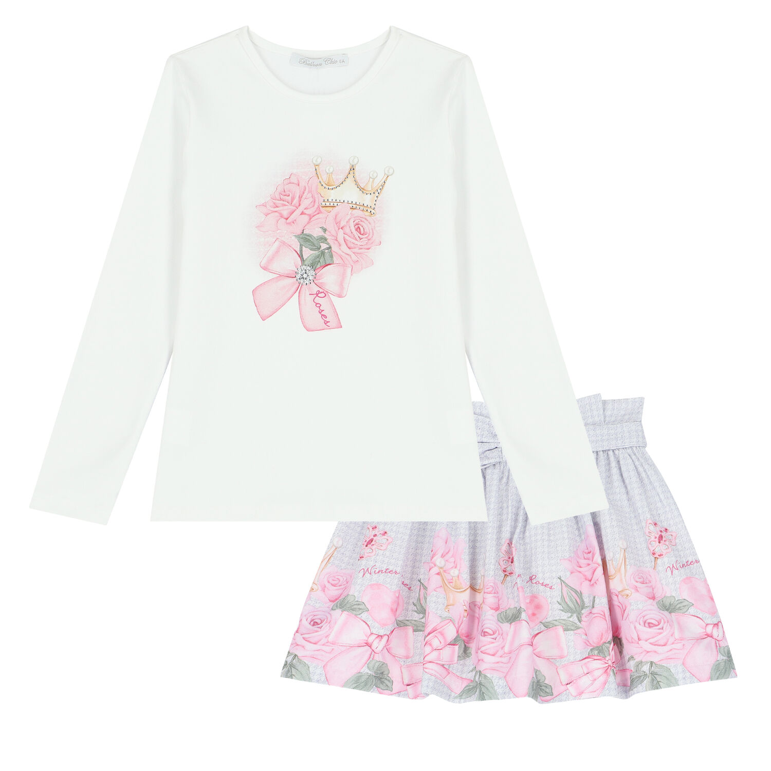 Girls White & Purple Rose Print Skirt Set, 1, hi-res