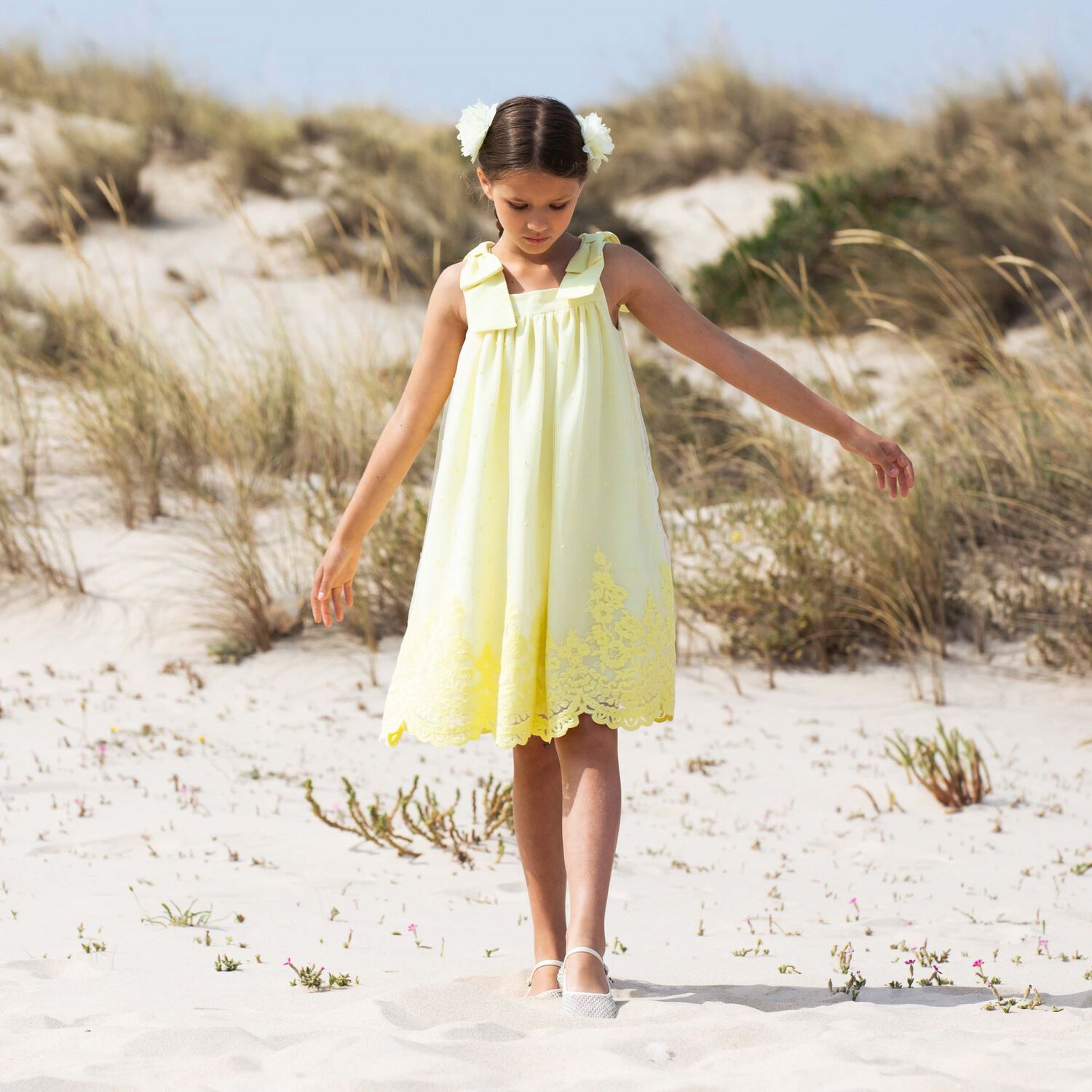 Girls Yellow Embroidered Tulle Dress, 1, hi-res