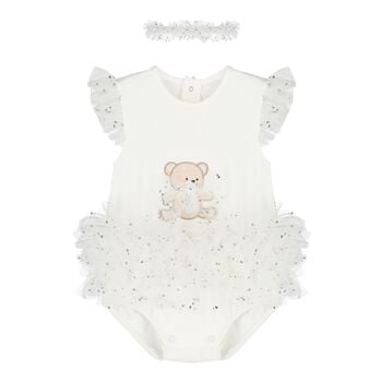 Baby Girls White Teddy Bear Bodysuit Dress Set