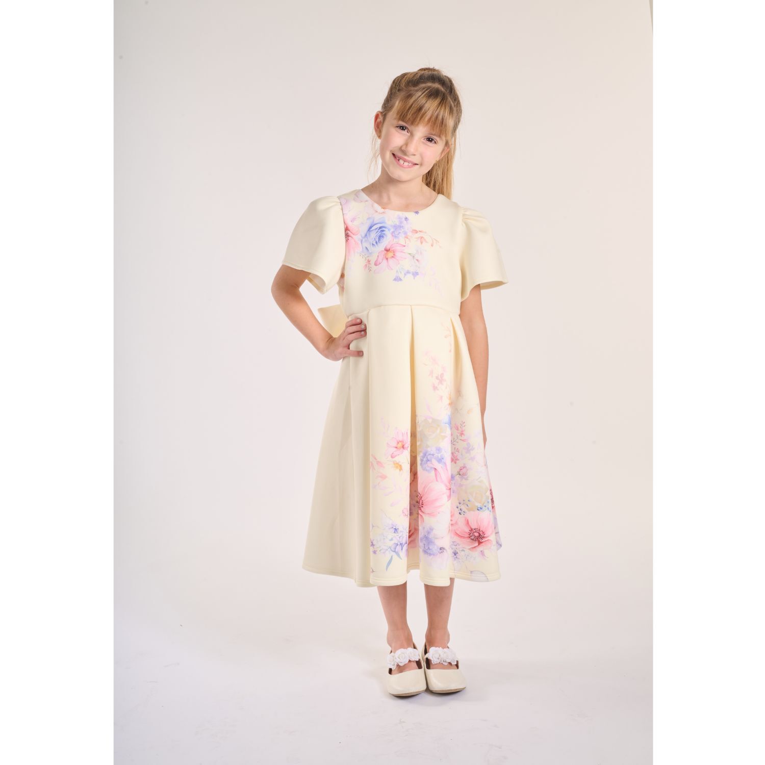 Girls Yellow Floral Satin Dress, 1, hi-res image number null