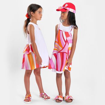 Girls White & Pink Logo Flared Dress 