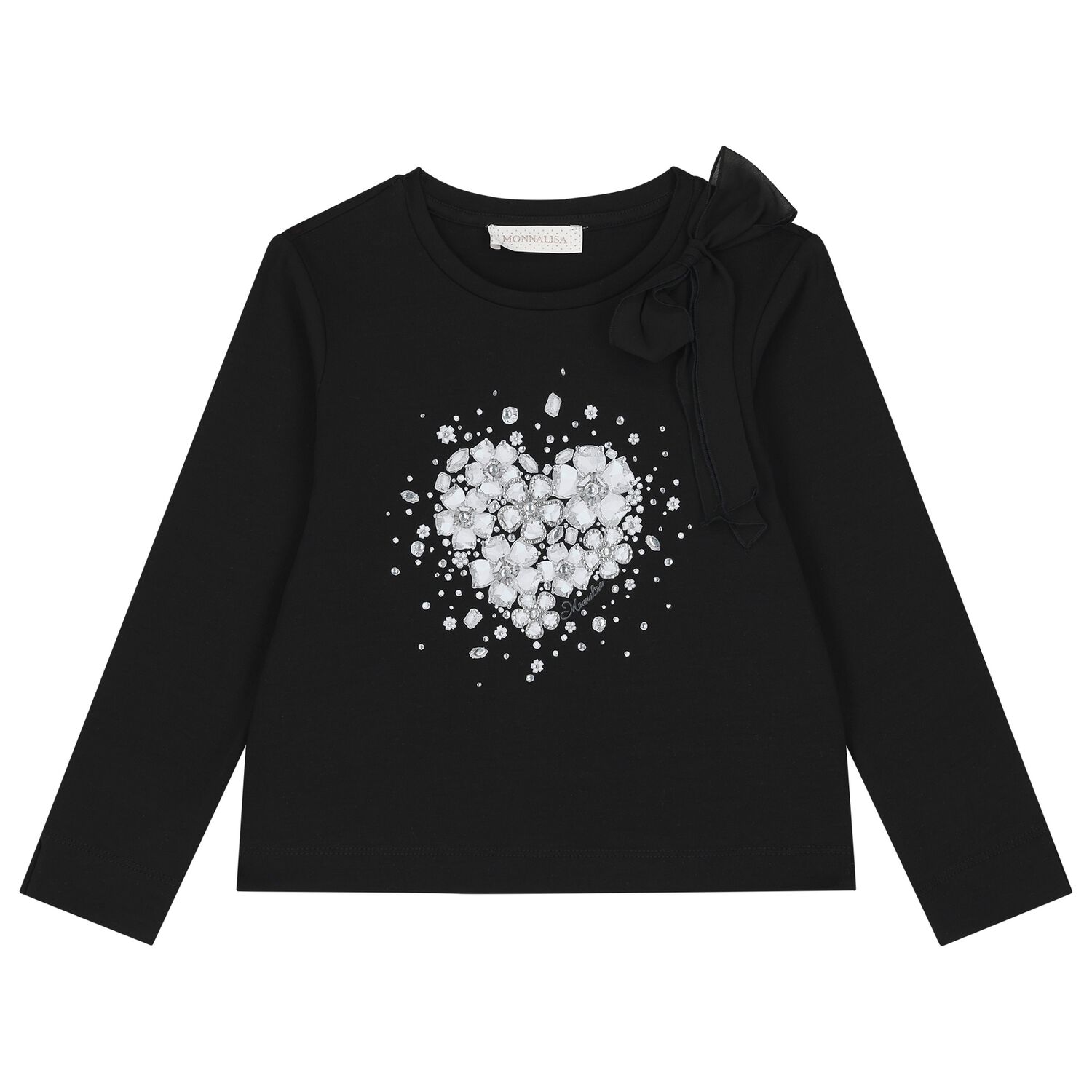 Girls Black Embellished Floral Long Sleeve Top, 2, hi-res