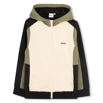 Boys Ivory, Green & Black Logo Hooded Zip Up Top