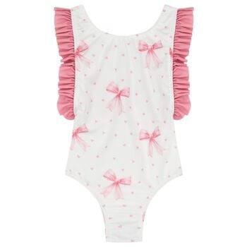 Girls White & Pink Bow Swimsuit