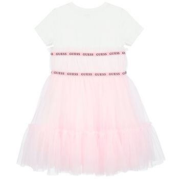 فستان بنات تول بالشعار باللون الأبيض والوردى