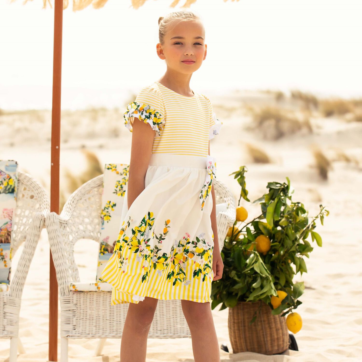 Girls Yellow & White Floral Dress, 1, hi-res image number null