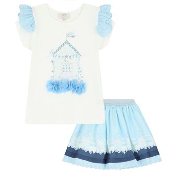 Girls Blue & White Broderie Anglaise Skirt Set