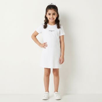 فستان مضلع بالشعار باللون الابيض للبنات 