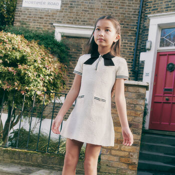 Girls White Jacquard Bow Dress