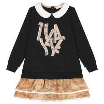 Girls Black & Beige Geo Map Dress