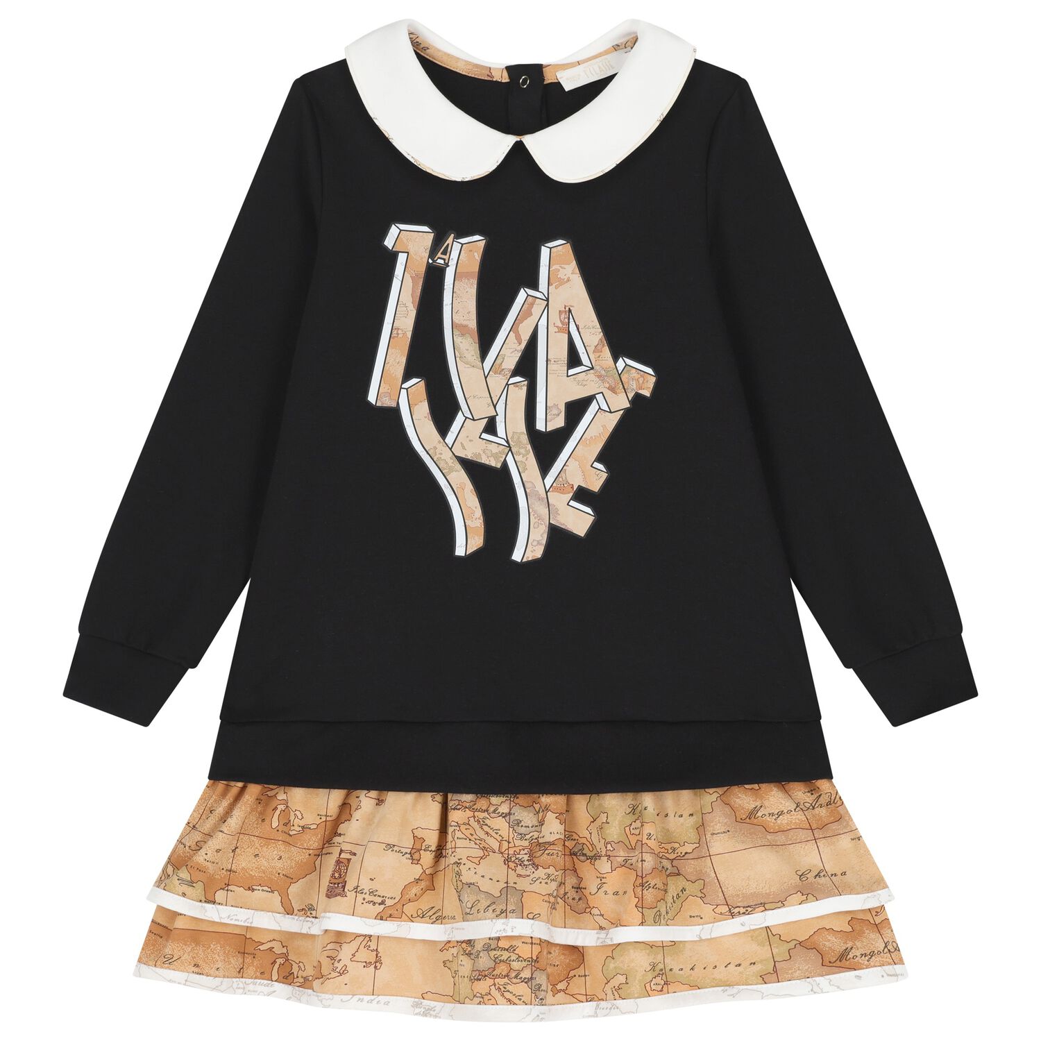 Girls Black & Beige Geo Map Dress, 2, hi-res image number null