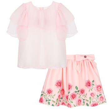 Girls Pink Floral Skirt Set