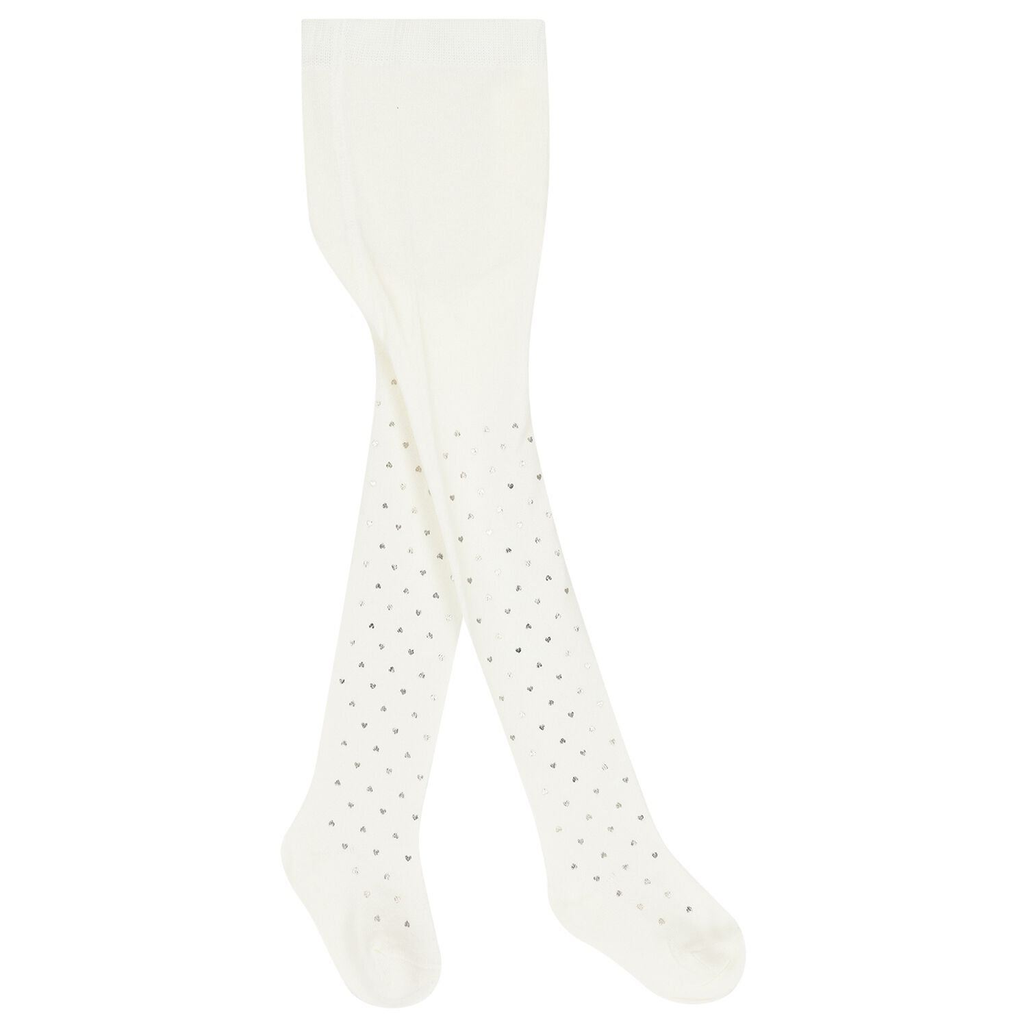 Younger Girls White & Silver Heart Tights, 1, hi-res