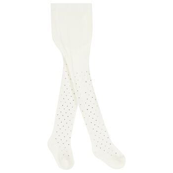 Younger Girls White & Silver Heart Tights