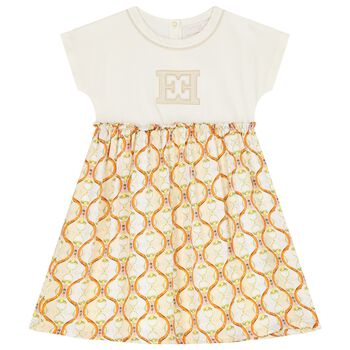 Girls Ivory & Beige Logo Dress