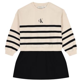 Calvin Klein Girls Beige & Black Logo Striped Dress, 1 Girls Beige & Black Logo Striped Dress