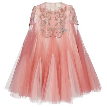Girls Pink Floral & Bow Embellished Cape Dress