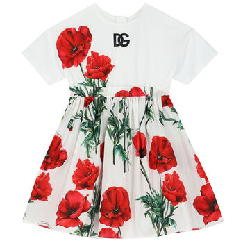 Girls White & Red Poppy Dress