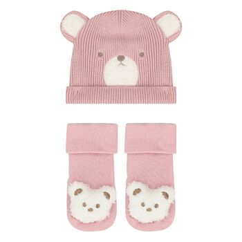 Baby Girls Pink Bear Hat & Socks Set