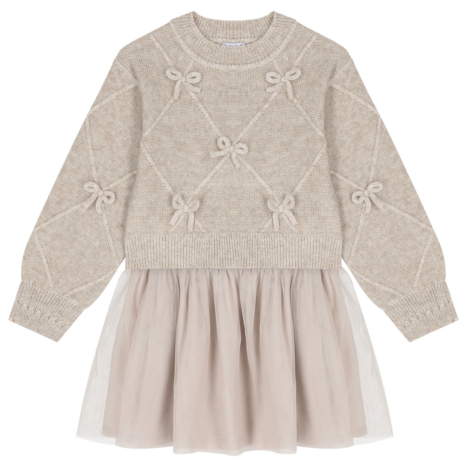Girls Beige Tulle Dress Set, 1, hi-res