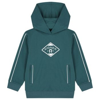 Boys Green Logo Hooded Top