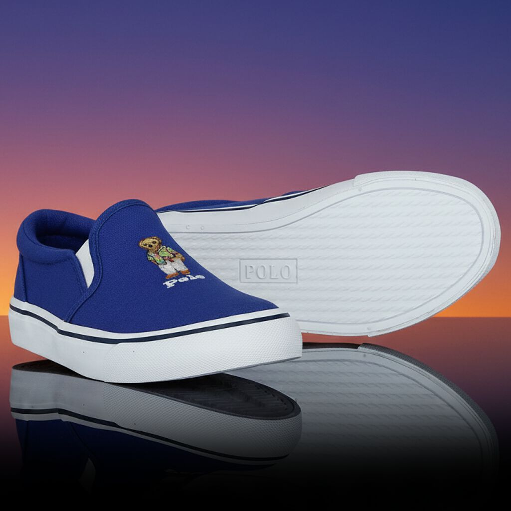 Ralph Lauren Boys Blue Polo Bear Slip-On Trainers | Junior Couture USA