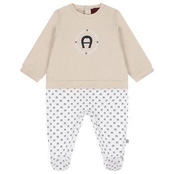 Baby Boys Beige & White Logo Babygrow
