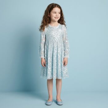 Girls Blue Sequin Embellished Dress
