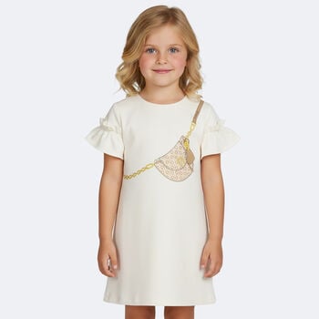 Girls Ivory Bag Logo Dress