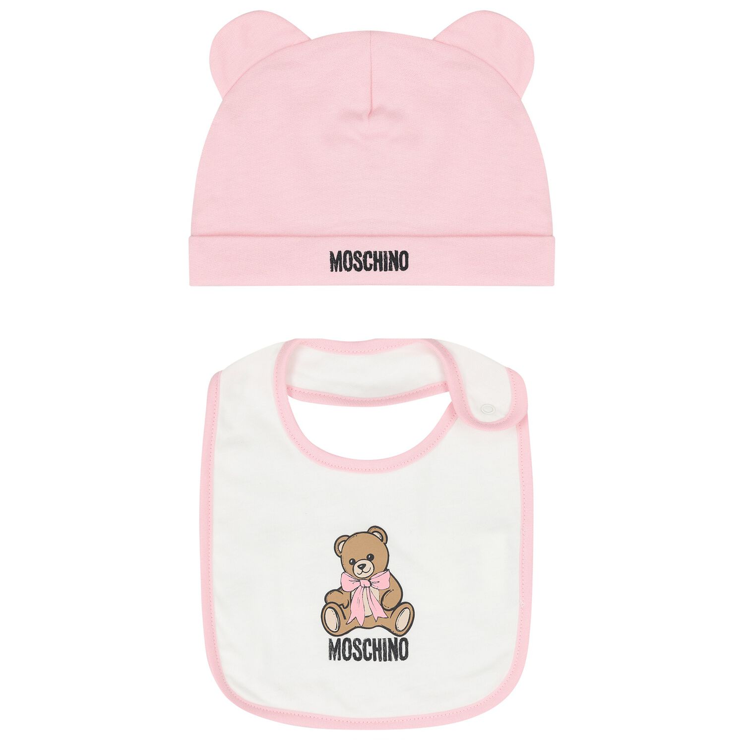Baby Girls Pink & White Teddy Bear Logo Hat & Bib Gift Set, 1, hi-res