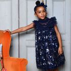 فستان بنات من التول مزين باللون الكحلى , 4, hi-res