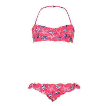 Girls Neon Pink Starfish Ruched Bikini