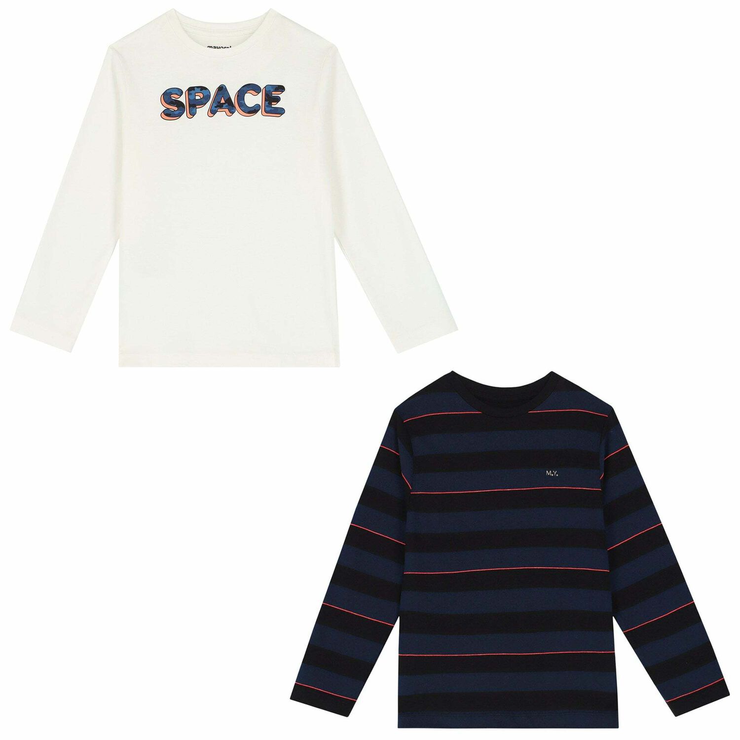 Boys Ivory & Navy Long Sleeve Tops ( 2-Pack ), 1, hi-res image number null