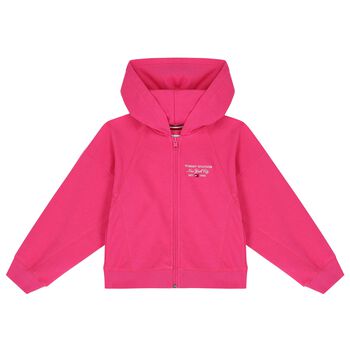 Girls Pink Logo Hooded Zip Up Top