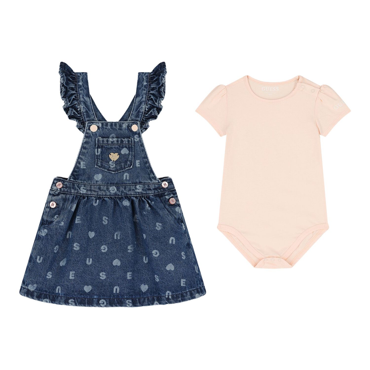 Baby Girls Pink & Denim Blue Dungaree Set, 1, hi-res