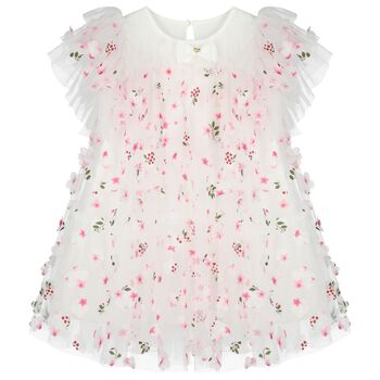 Girls White & Pink Tulle Flowers Dress