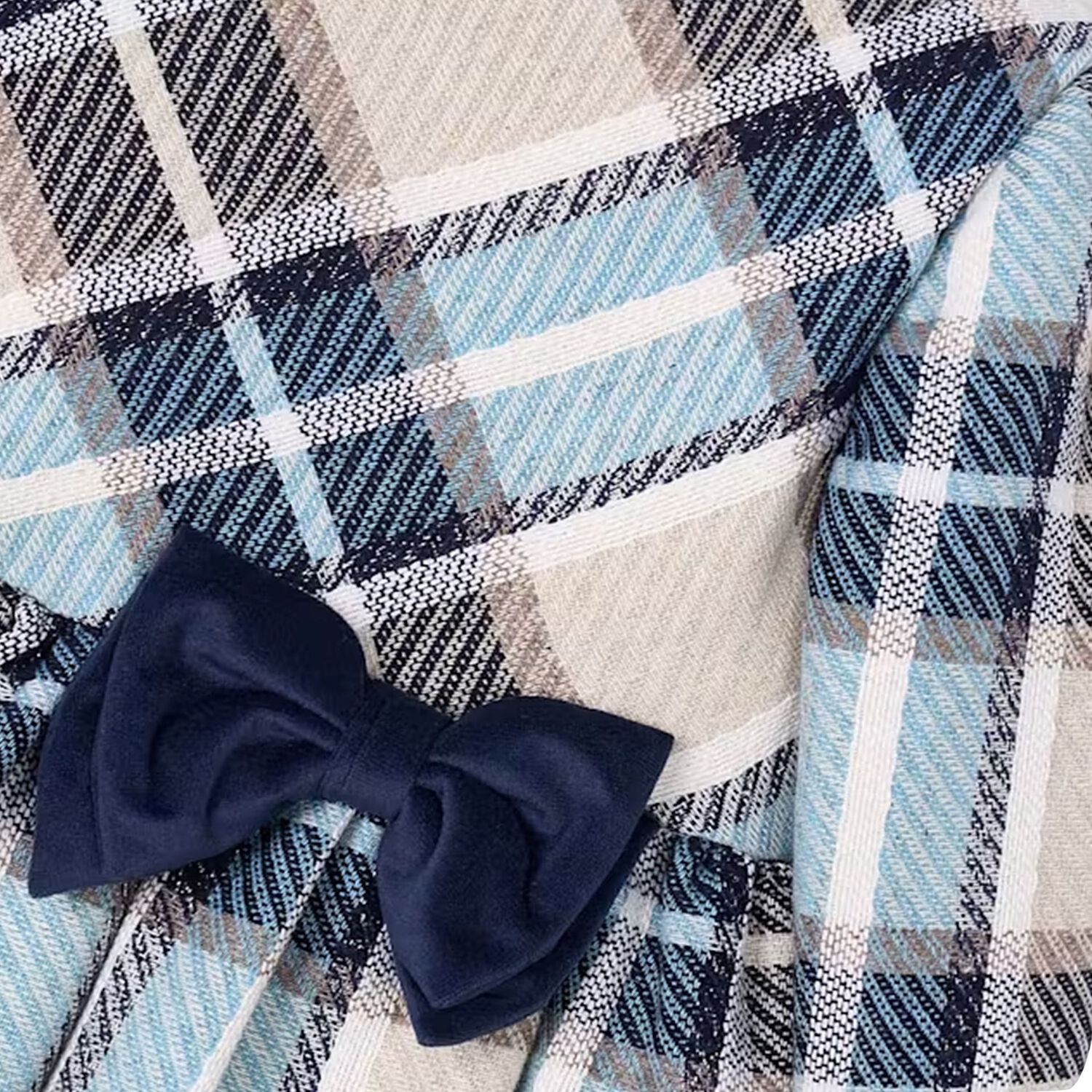 Girls Blue & Beige Bow Checked Dress, 3, hi-res