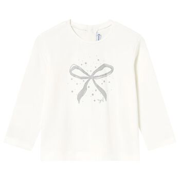 Younger Girls Ivory Bow Long Sleeve Top