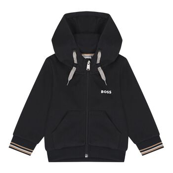 Younger Boys Black Logo Hooded Zip Up Top