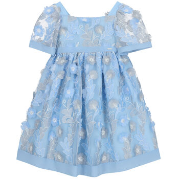 Girls Blue Embroidered Tulle Dress