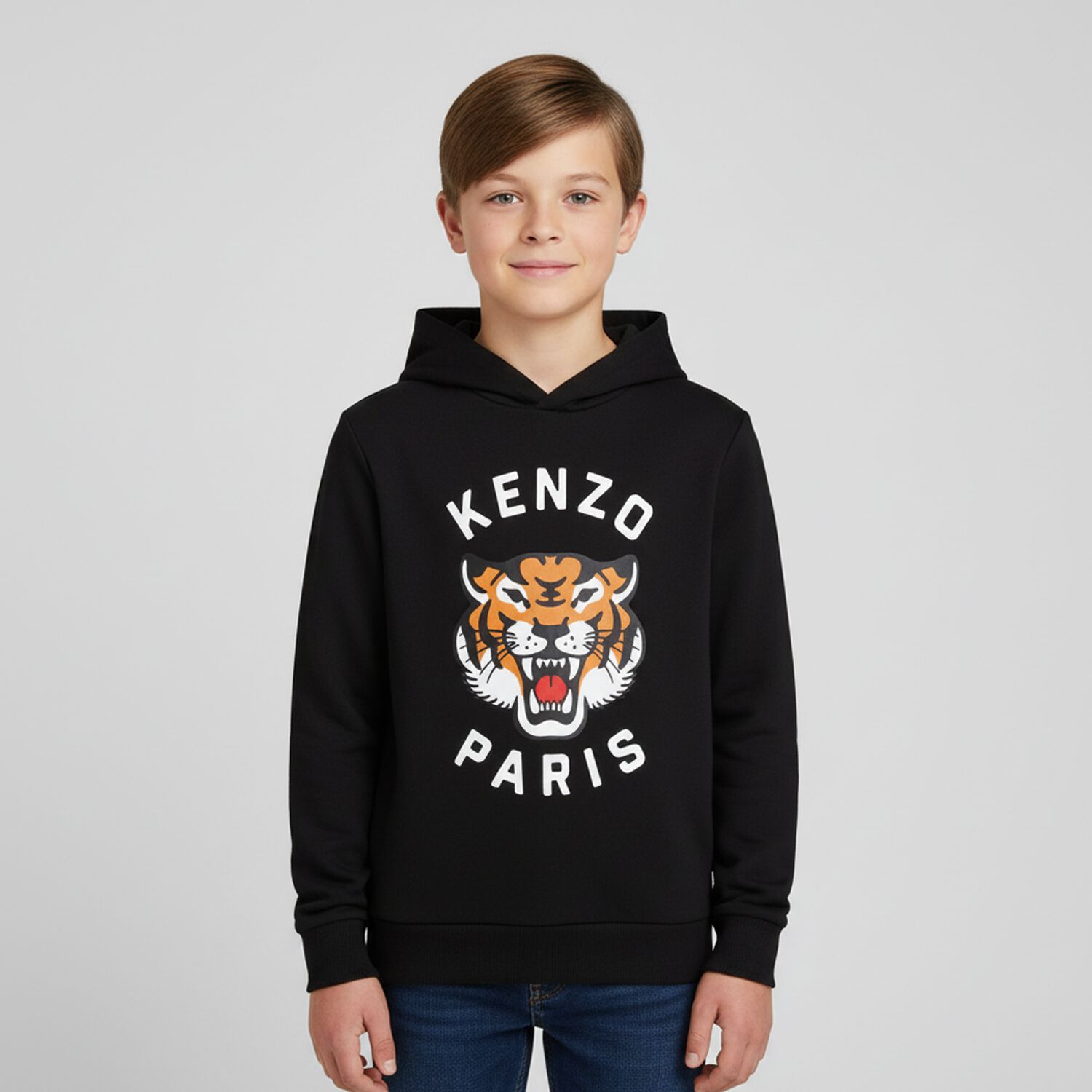 Boys Black Tiger Logo Hooded Top, 1, hi-res image number null
