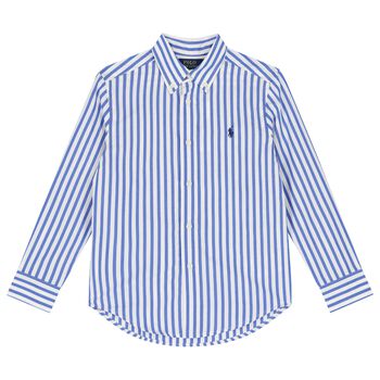 Boys Blue & White Striped Logo Shirt