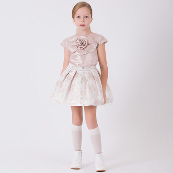 Girls Gold Satin & Jacquard Skirt Set