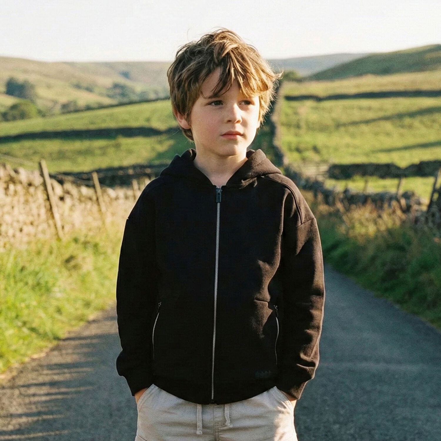 Boys Black Hooded Zip Up Top , 1, hi-res