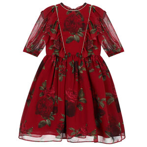 Girls Red Roses Chiffon Dress