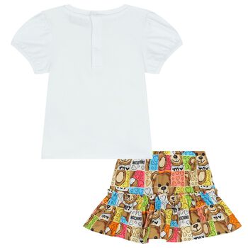 Younger Girls White & Beige Teddy Bear Logo Skirt Set