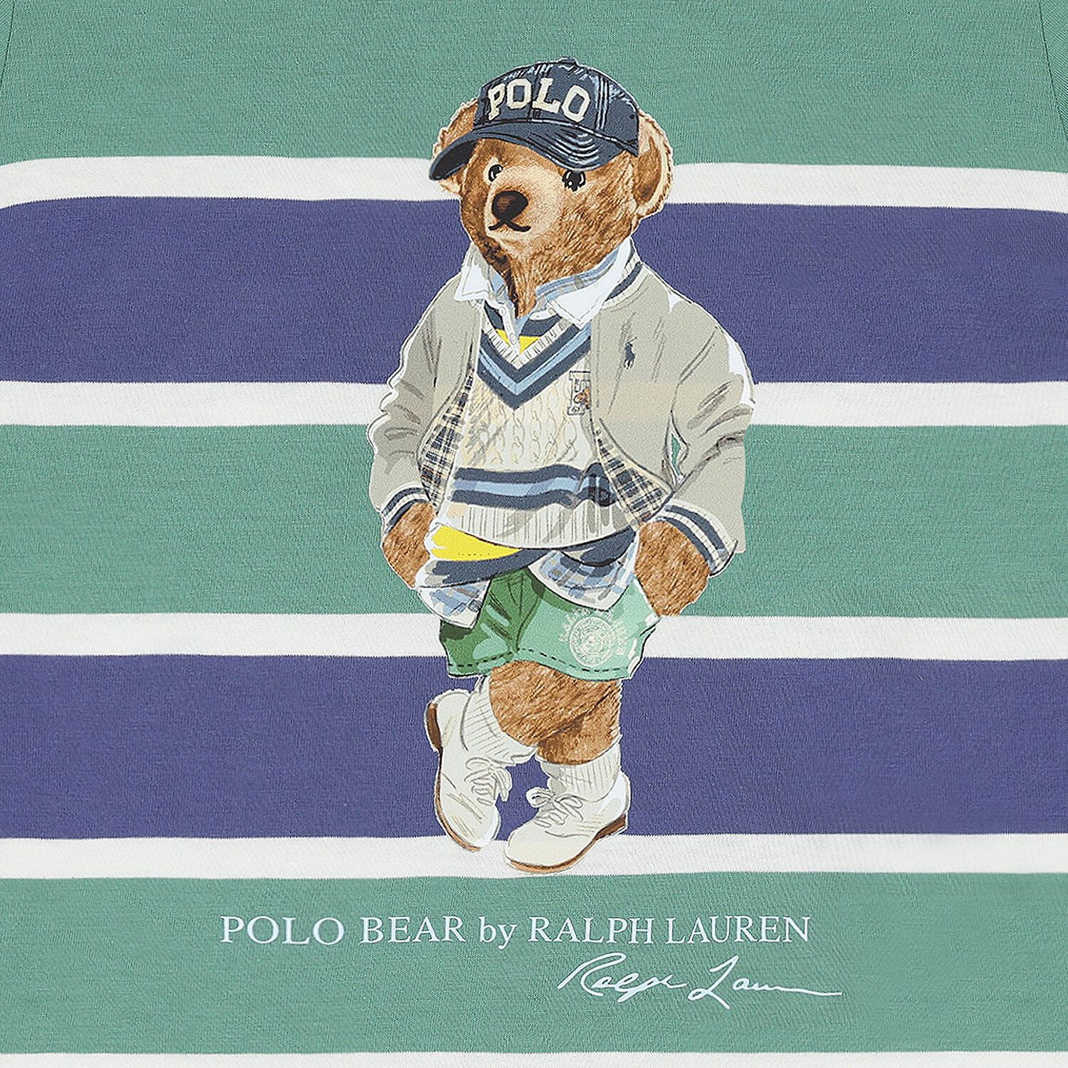 Boys Blue & Green Striped Bear Print T-Shirt, 1, hi-res